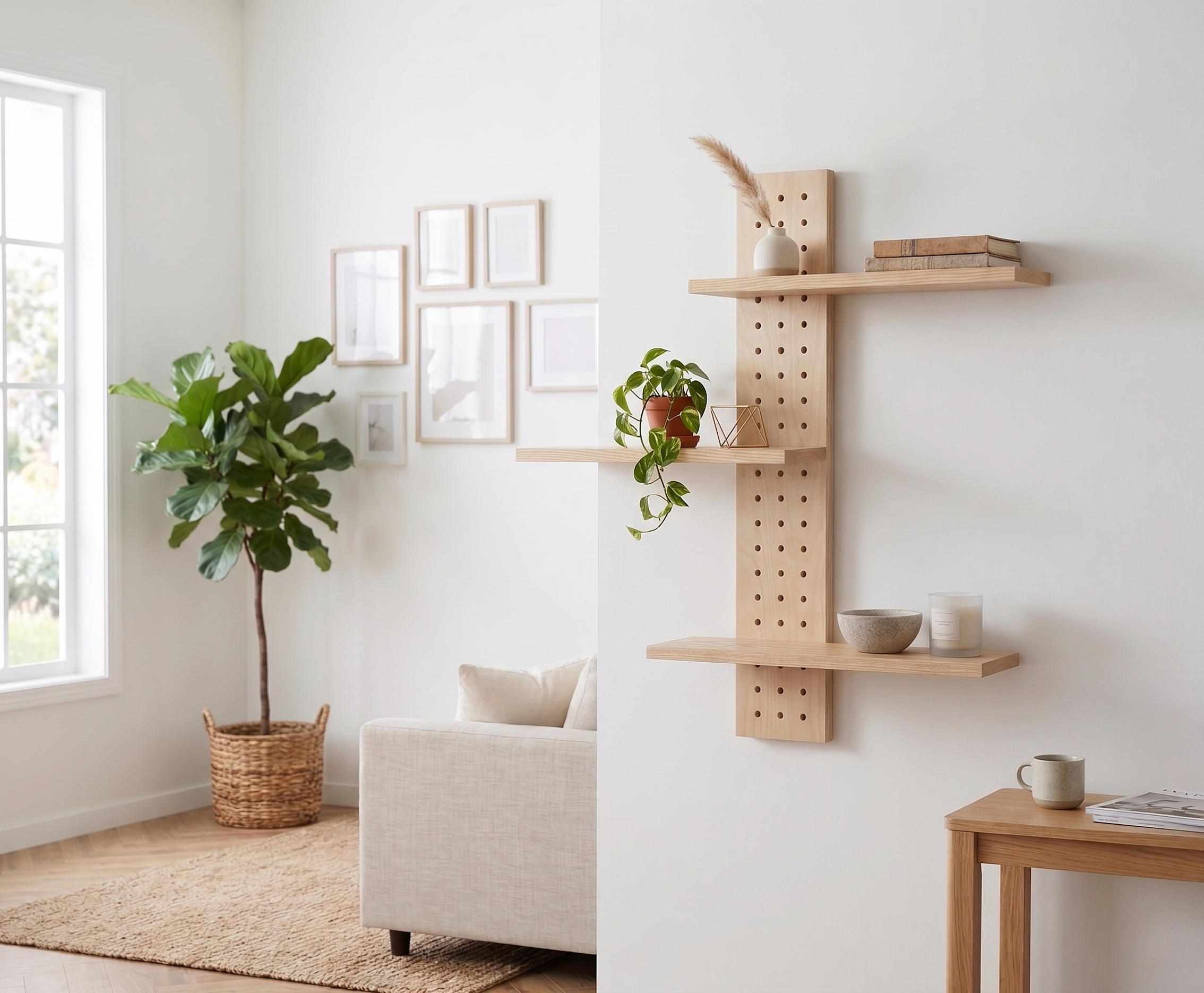 Etagère verticale - Pegboard vertical et ses trois tablettes en frêne massif