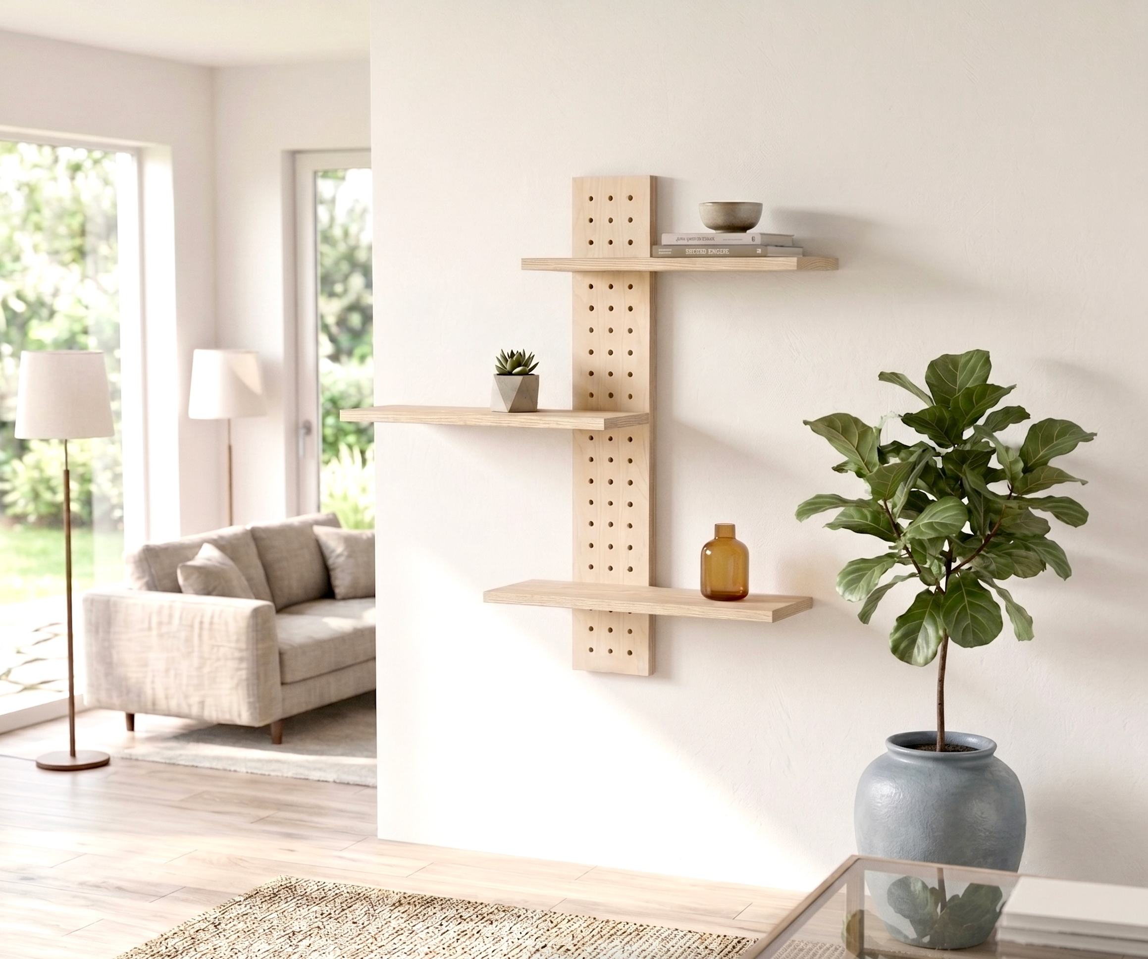 Etagère verticale - Pegboard vertical et ses trois tablettes en frêne massif