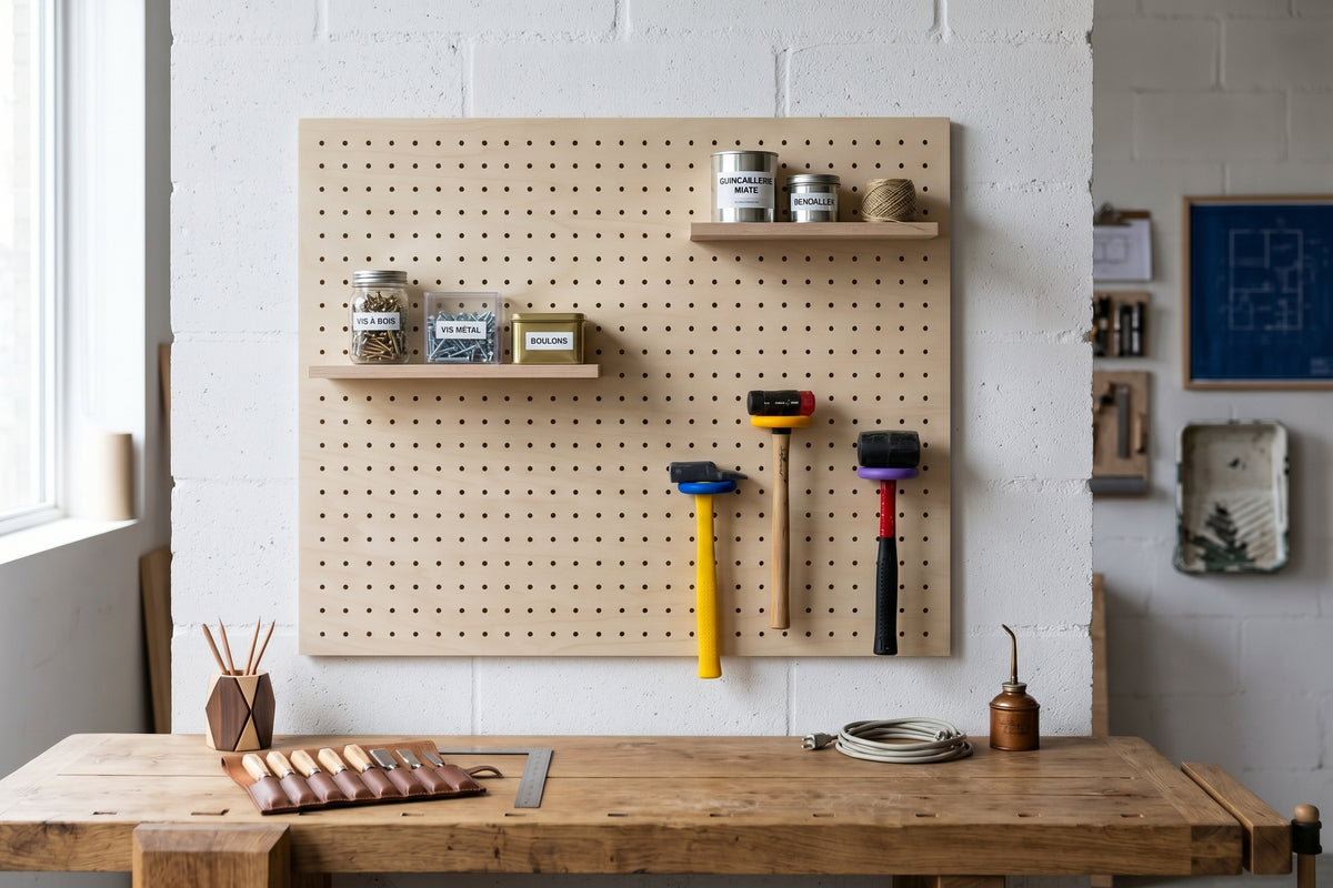 Workshop pegboard above a workbench with hammers hanging from coloured rings