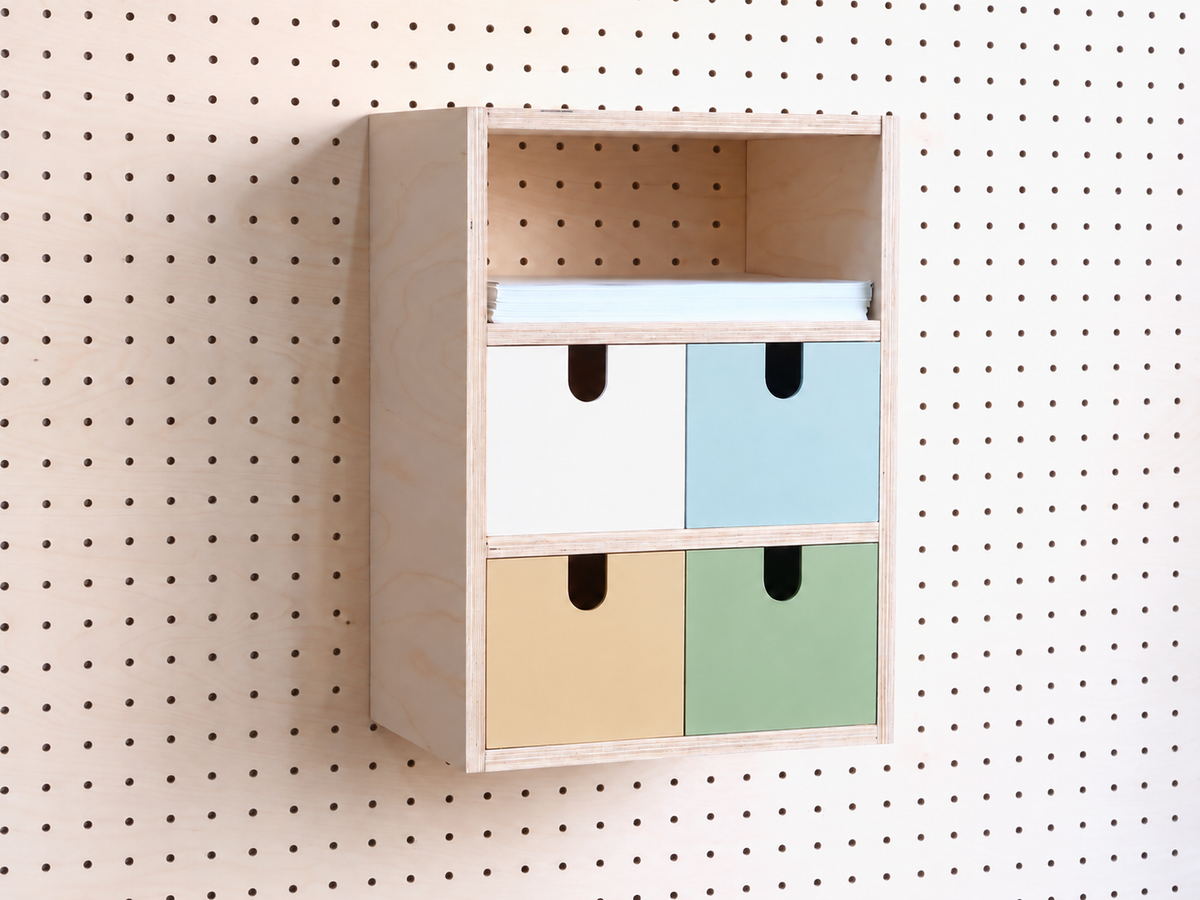 Casier 3 sections pour pegboard à tiroirs blanc, bleu ciel, beige et vert sauge – organiseur mural pastel