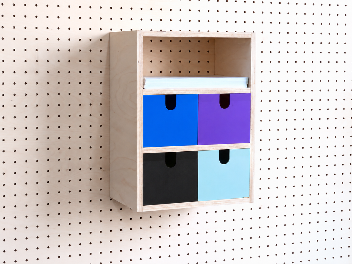Casier 3 sections pour pegboard à tiroirs bleu, violet, noir et bleu ciel – organiseur mural