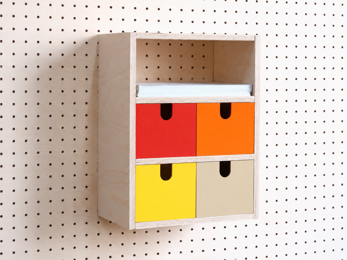 Casier 3 sections pour pegboard à tiroirs rouge, orange, jaune et beige – organiseur mural couleurs chaudes