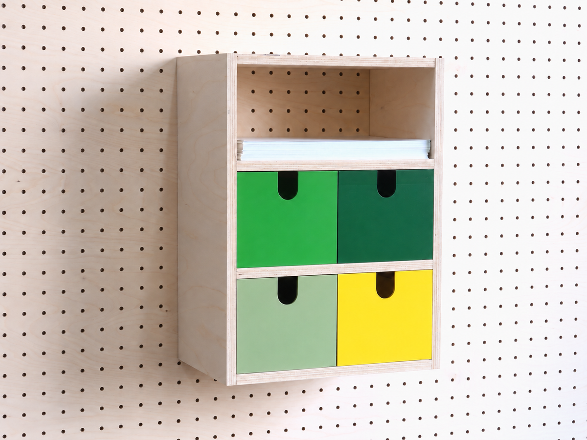 Casier 3 sections pour pegboard à tiroirs vert, vert foncé, vert sauge et jaune – organiseur mural
