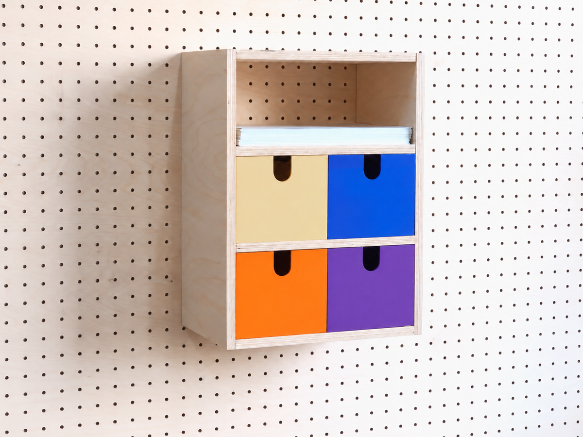 Casier 3 sections pour pegboard à tiroirs beige, bleu, orange et violet – organiseur mural