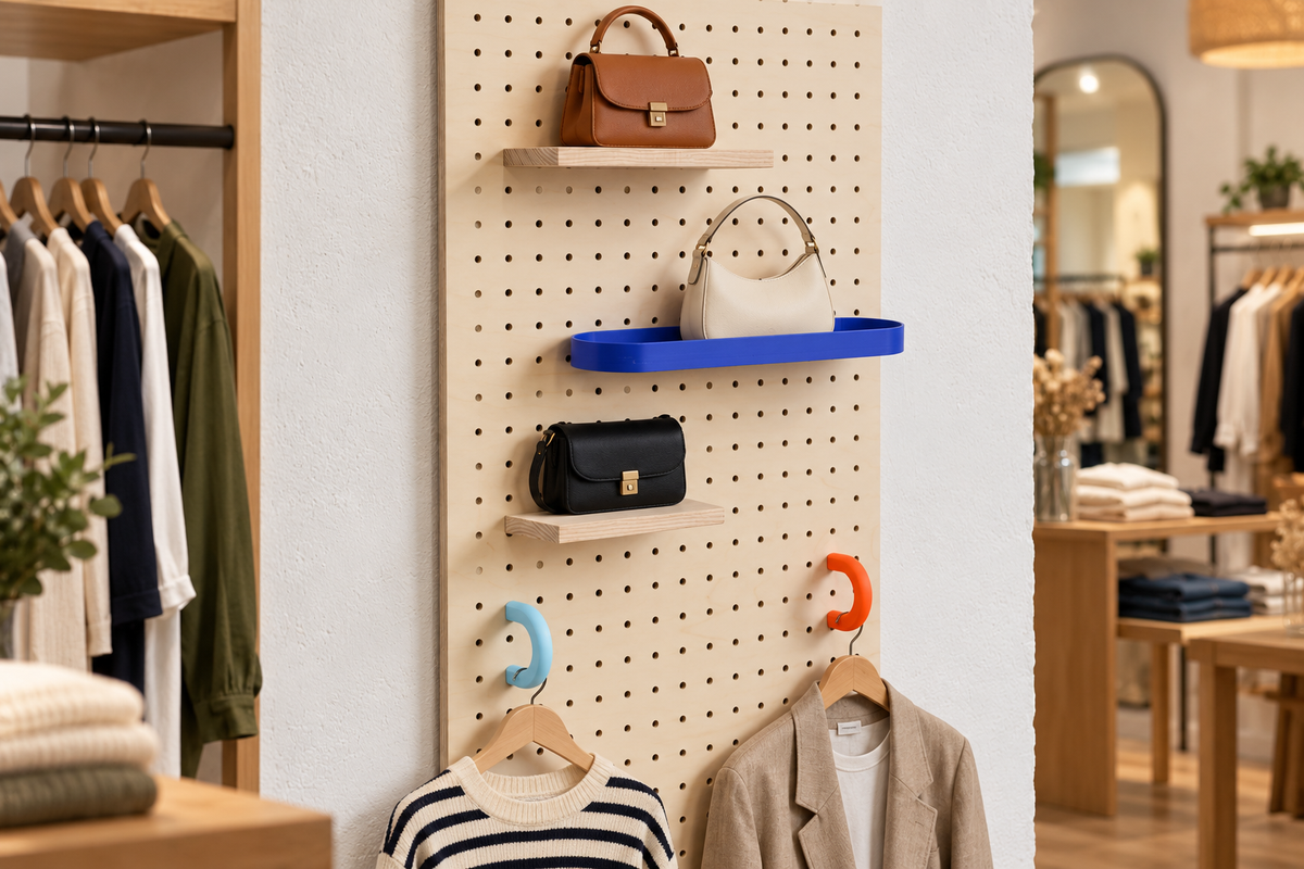 Pegboard shop display with coloured rings for hangers and handbags