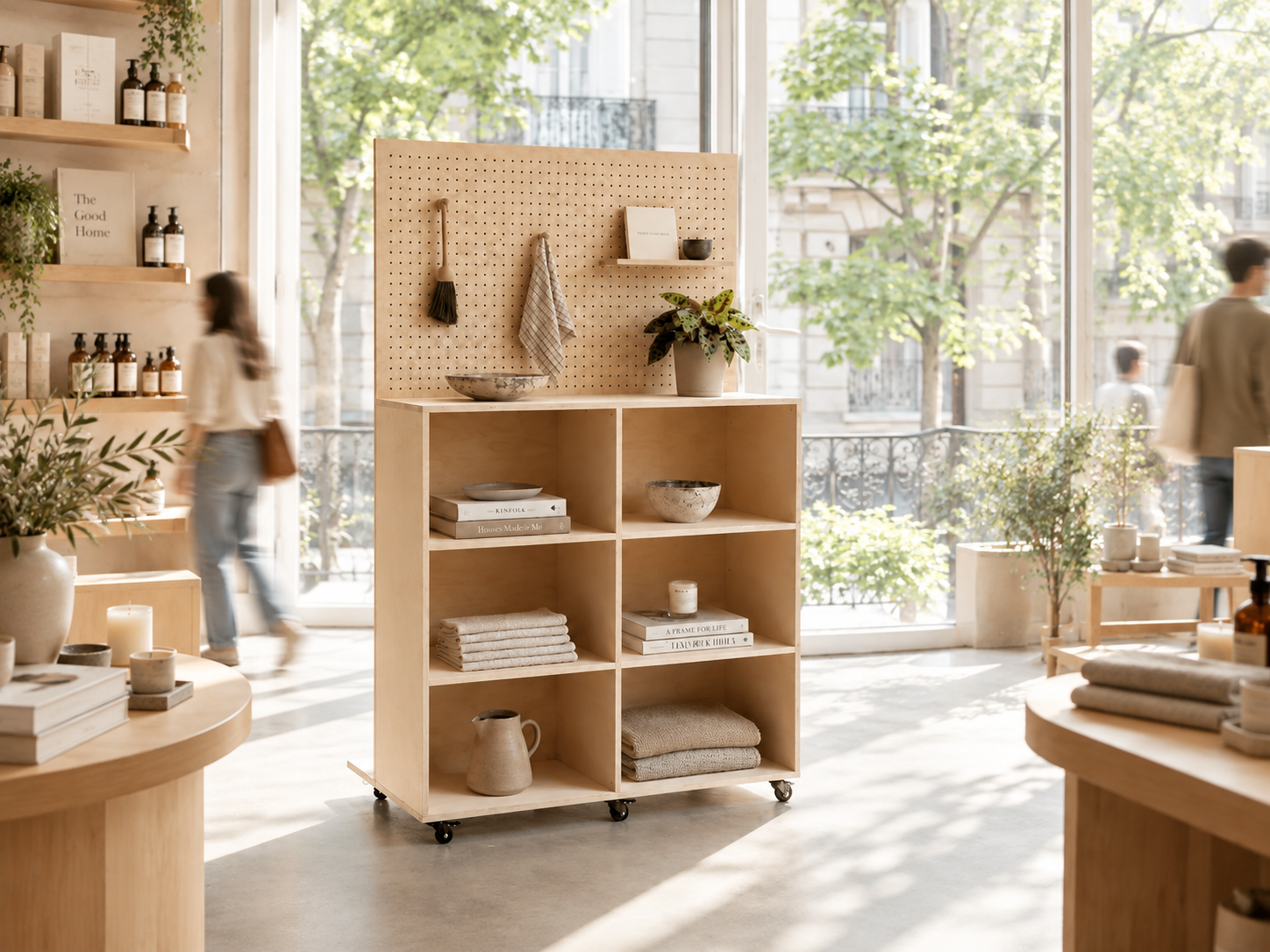 Meuble pegboard sur roulettes dans une boutique lumineuse