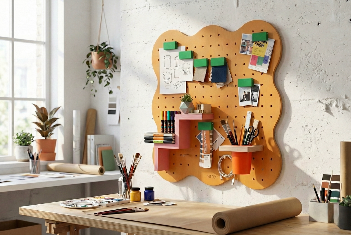 Pegboard Art Studio Curves naranja pastel 48 x 48 cm con pinzas magnéticas verdes, estante escalera rosa y lapicero naranja