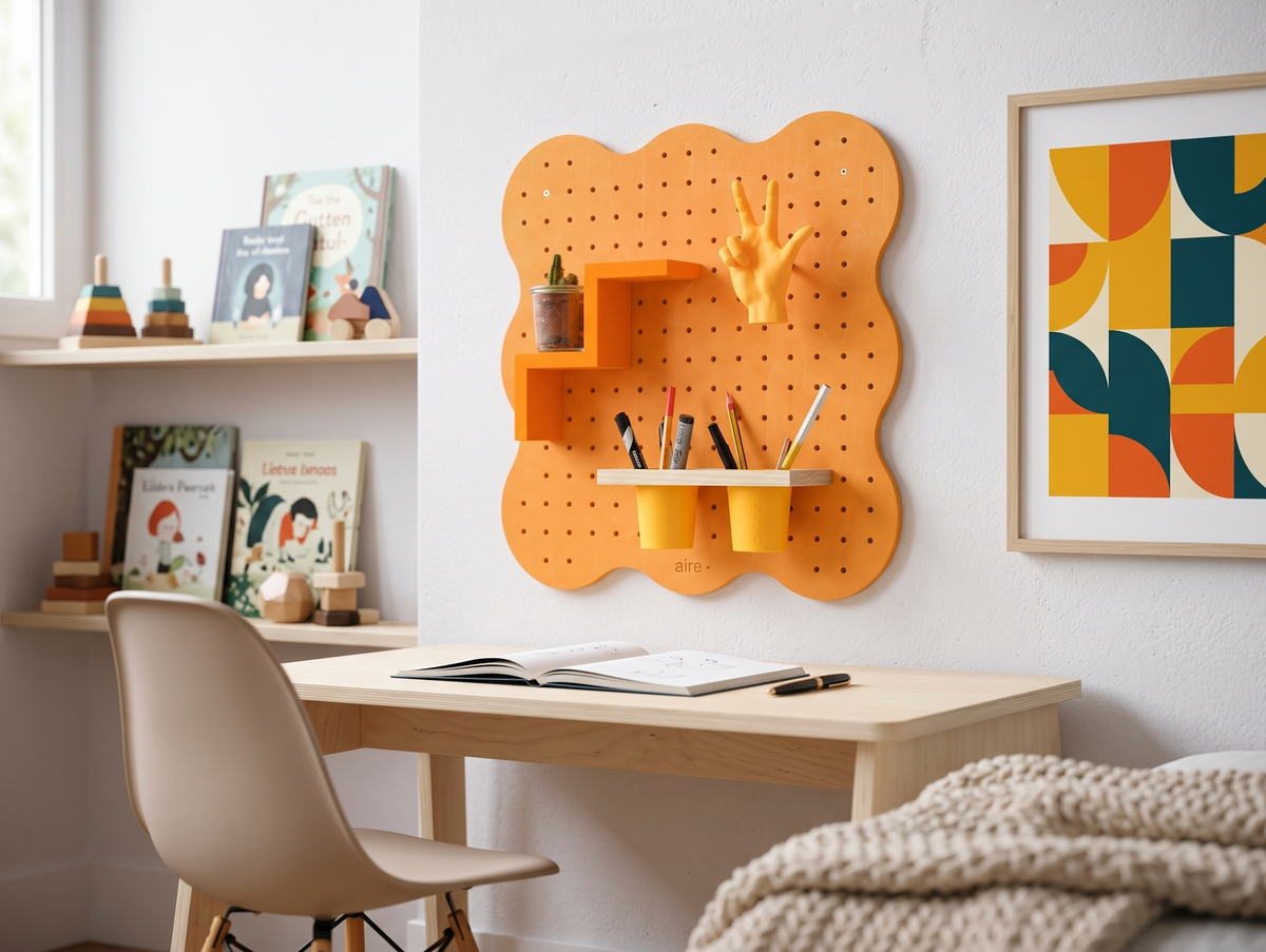Pegboard Curves naranja pastel sobre un escritorio infantil con estante escalera, colgador mano y lapicero doble