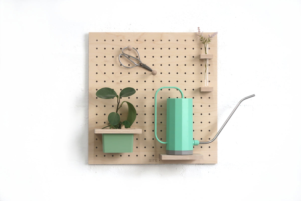 Pegboard jardín de pared con planta en una maceta colgante, florero con flores, tijeras colgadas y regadera sobre estante